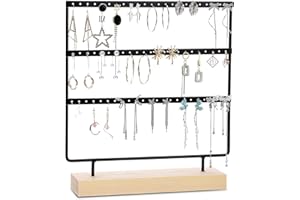 PAEFIU Porte Bijoux à 72 Trous, Support Boucle d'Oreille Métal avec Base en Bois, Presentoir Bijoux Vintage Rangement Bijoux pour Femme