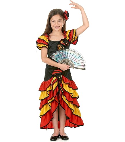 La Senorita Robe Espagnol Flamenco/Costume Niño Luxe - pour Filles/Enfants - Rose Noir (Taille 4, 92-98 - Longeur 65 cm -3-4 Ans