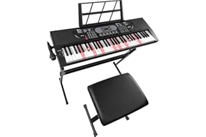 Jacgood Keyboard Piano 61 Tasten mit Leuchttasten, E Piano für Anfänger, Digitalpiano mit Klavierhocker, Keyboardständer, Notenständer, Mikrofon, mit USB, MIC, AUX & Kopfhörer Anschluss, 3 Lernmodi