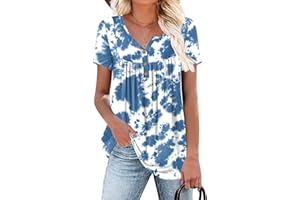 Aodemo Women's Summer Casual Henley V Neck Tunic Ladies Button Up Tops Flowy Short Sleeve Shirts Loose Blouse