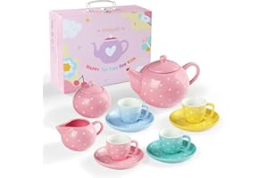 fanquare Porcelanowy zestaw na herbatę, zestaw do herbaty dla dziewcząt, zestaw do herbaty do zabawy, różowy kwiatowy zestaw do herbaty na urodziny