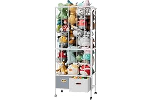 Yornoli Soft Plush Toy Storage Organiser with Drawers and Wheels, Thicken Metal Tube Stuffed Animal Storage for Teddy Bear, Cuddly Toy, Toy Shelf for Baby Nursery, Bedroom, Playroom