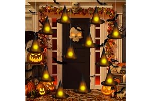 JOISHOP 12pcs Halloween Hanging Witch Hat, Halloween Black Floating Witch Hat Costume Glowing Witch Hats with 3D Bat Wall Decor for Halloween Indoor Outdoor Garden Yard Porch Party Decor
