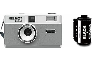 1 Shot Point and Shoot 35mm Film Camera, Reusable Retro Half Frame Camera, Built in Flash, Included One Roll ASA/ISO 400 Black & White Film 18 Exp.(36 Shots) Battery Not Included (Grey Color)