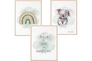 Mutzauber® 3er Set Poster Kinderzimmer A4 | Bilder Kinderzimmer | Deko Babyzimmer Jungen Mädchen | Bilder Bär Tiere Bilder Kinderzimmer ohne Rahmen (grün, Koala)