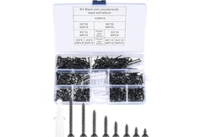 ZHUJIEHIGH 420 Pcs Self Tapping Wood Screws with 20 Pcs Anchors, M3 Black Flat Cross Head Self Drilling Screws, Drywall Machine Screws for Drywall, Furniture, Wood, Metal Screws - 6/8/10/12/16/20/25/30 mm