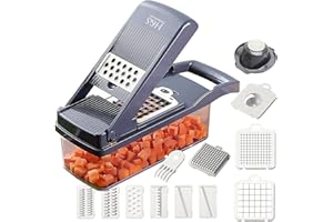 H&S Professional 12 in 1 Vegetable Chopper, 7 Blade- Slicer, Onion Mincer Chopper, Cutter, Dicer with Container- A Pro Food Chopper in White & Grey