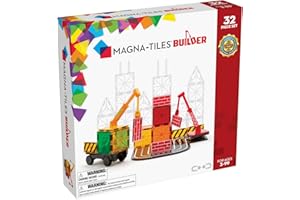 Magna-Tiles Builder - Cassetta magnetica da 32 pezzi, con pannelli stradali, gru e veicoli, dai 3 anni in su, giocattolo STEAM per la costruzione creativa, kit compatibile