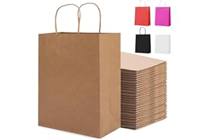 HAUSPROFI 25pcs Kraft Paper Bags for Gifts, Food & Sweets, Strong Carrier Bags with Twisted Handles for Kid Parties, Weddings, 27x21x11cm, Thicken 130gsm