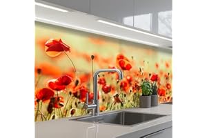 KitchenYeah© Spritzschutz Küche 80x150 cm Küchen Rückwand Küchendeko Wand Wandschutz Selbstklebend Backsplash Kitchen Peel and Stick Mohnblumen - Blumen - Rot - Blumenfeld