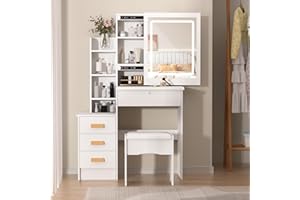 tinysiry Makeup Vanity Desk,Dressing Table with Sliding Mirror & 3 color light,Vanity Table Makeup Table Whtie Makeup Desk for Bedroom Stool Included White