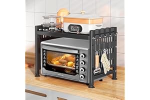 UCAMP Mensola Microonde Estensibile,Regolabile Microonde Scaffale,Acciaio Carbonio Ripiano Contatore Cucina Organizzatore Ripiani,Scaffale Salvaspazio,Supporto Microonde con 10 Ganci