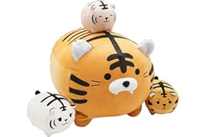 Shownicer Plush Pillow, Cute Tiger Plushies Mommy with 3 Baby, Soft Toy, Stuffed Animals, Cuddly Toy, Fluffy Tiger Doll, Cuddle Cushion for Sofa Bed Home Decor, Hugging Pillow Gift for Kids Girls Boys