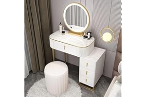 MYDD8 Dressing Table with Round Mirror & 4 Drawer，Wooden Makeup Vanity Desk with 3-color Led Mirror, Vanity Table with Cushioned Stool for Bedroom Dressing Room，70cm (White)