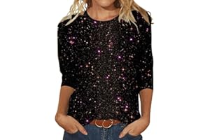 Buetory Sequin Tops for Women Dressy Casual Glitter Print Sparkly Sweatshirt Crewneck 3/4 Sleeve Sparkly Party Night Shirts Blouse