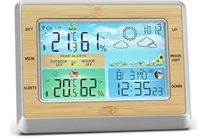 SHULLTJI Wetterstation Funk mit Außensensor, Wetterstation Wireless Indoor Outdoor Thermometer, Farbdisplay Digital Thermometer Humidity Monitor mit Atomic Clock,Kalender (Weiß)