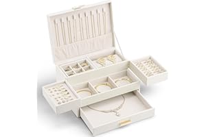 Vlando Jewellery Box, 3 Tier Jewellery Organiser with Drawer, Box & Organiser with Retractable Tray for Necklaces, Rings, Bracelets, Earrings,Cream White