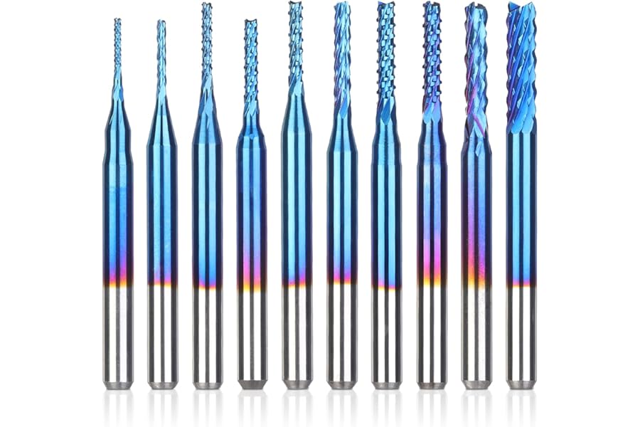 SainSmart Genmitsu 10Pcs Nano Blue Coat End Mill CNC Router Bits, 0.8-3mm, 1/8" Shank