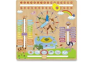 WoodyWood® Kalenderuhr für Kinder - Lernuhr aus Holz, zweisprachig, 30 X 30 cm - Montessori Jahresuhr zum Lernen der Uhrzeit, dem Datum, der Wochentage, Monate, Jahreszeiten und des Wetters