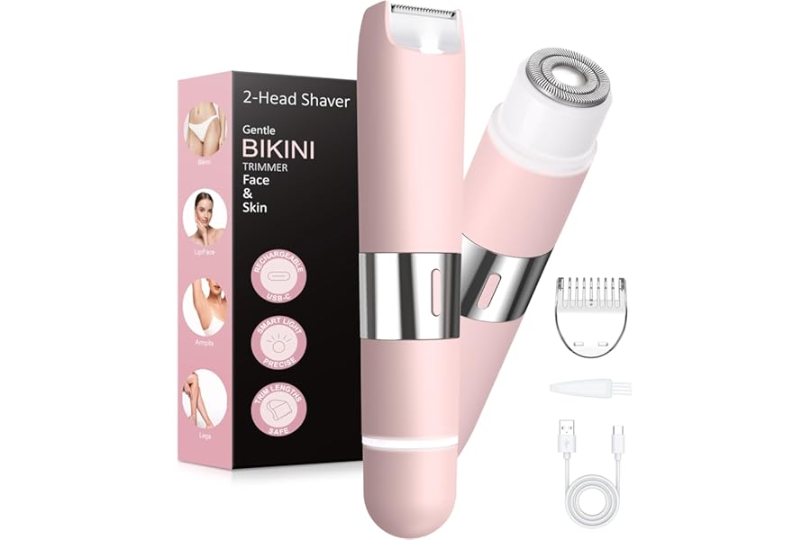 Bikini Trimmer Women 2-in-1 Facial Hair Remover for Women,USB-C Razors Woman,Dual Head Shaver Woman with Smart Light for Intimate,Lady Shavers for Woman Pubic Hair for Lip Underarm Body,Travel Lock
