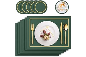 Mivcinn Placemats and Coaster Sets 6 Table Mats PU Leather Heat Resistant Not Rolled 41x31cm Dinner Table Mats Green for Kitchen Indoor Outdoor Dining Table Restaurant