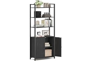 ‎VASAGLE VASAGLE Regał na książki, 6-poziomowy, wolnostojący z drzwiami, metalowa rama, regulowane półki, 24 x 60 x 159,5 cm, do salonu, sypialni, czarny heban i czarny atrament LLS133B01
