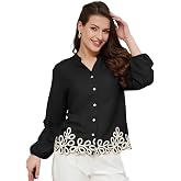 PEACH PIPER Western Tops for Woman - Viscose Rayon Embroidered Mandarin Collar Casual Shirt, Full Sleeves Top, Stylish, Strai