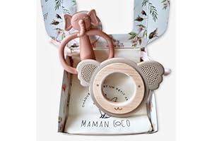 MAMAN COCO L’anneau de dentition bébé silicone alimentaire sans BPA avec le bois naturel - jouet de dentition pour bébé - Jouet éveil Montessori à Mordiller - Cadeau Naissance (Koala sand + Elephant)