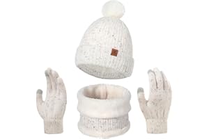 Decorie 3 Pezzi Set Sciarpa Cappello Guanti per Bambini con Fodera in Caldo Ispessito Pile - Cappello Invernale Bambino con Pompon,Scaldacollo Pile e Guanti Ragazza Ragazzo per 5-10 Anni