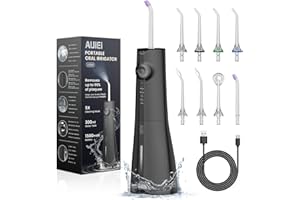 AUIEI Jet Dentaire Hydropulseur Portable Water Flosser, Irrigateur Oral 5 Modes et 8 Buses,Réservoir 300ML, USB Chargé, Étanche IPX7,Convient Gencive Sensible (Noir)