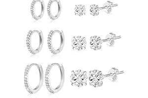 ALEXCRAFT Multipack 925 Sterling Silver Earrings Set, 14K Goldplated Small Studs Hoop Earrings, Hypoallergenic Zirconia Huggie Studs Drop Stack Cartilage Piercing Earrings 3/6/9/12 Pairs for Women