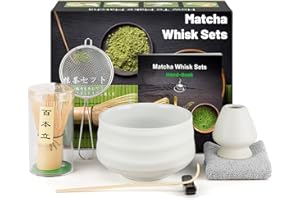 KURKIP 7 Pièces Matcha kit ceremonie japonais, Fouet matcha en bambou naturel, bol matcha, cuillère à thé, Porte-Fouet, kit matcha complet, Coffret matcha, pour la cérémonie du thé, la boisson - opaline