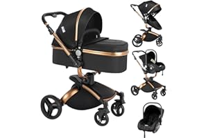 Nine point nine Pelle PU Trio Passeggino Neonati, Passeggino 3 in 1 con Sedile Convertibile Rotante a 360°, Carrozzina per Neonati con Grande Nacelle, Passeggino Trio Telaio in Alluminio (906 Black)