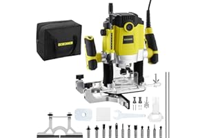 DEWINNER Fresadora Para Madera 1800 W 10000-26000 RPM, Rebajadora Eléctrica con Juego de 12 fresas,7 Velocidades,3 Alicates de 6,8,12 mm,Ajuste de la Profundidad de Fresado, Bolsa de Lona
