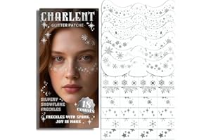 CHARLENT Tatuaggi Temporanei Glitter a Forma di Fiocchi di Neve e Lentiggini - 18 Foglie di Patch Trucco Temporanei Argento Impermeabili per Donne e Bambini