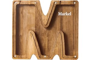 JOULLI Personalized Wooden Money Box, A-Z Letters Wooden Piggy Bank, Coin Bank with DIY Alphabet Stickers, Money Saving Bank Coin Storage Box Birthday Xmas Back to School Gifts (M)