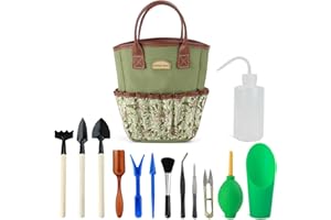 G GOOD GAIN Garten-Sukkulenten-Set mit Organizer-Tasche, Indoor-Mini-Hand-Gartenwerkzeug-Set, 14-teilige Werkzeuge für Bonsai-Pflanzgefäße Miniatur-Feenpflanzpflege.Grün