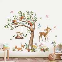 Decalmile Stickers Muraux Animaux Des Bois - Arbre Chouette Renard Cerf - Décoration Chambre Enfants Bébé (H: 79cm)