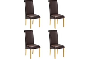 1home Set of 4 Faux Leather Dining Chairs Roll Top High Back with Solid Wooden Legs Oak Finish for Home & Commercial Living Room Bedroom Kitchen Restaurants Brown