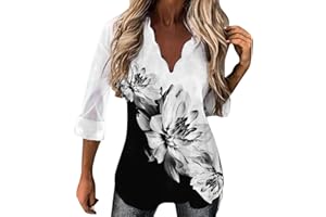 GENERIC Chemisiers Blancs Manches Courtes pour Femmes Habillées Femmes col en V Pull Haut imprimé Mode décontracté Vacances imprimé Fleuri Chemisier à Manches Longues Tee Shirt Polyester