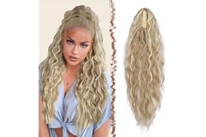 FESHFEN Coleta Postiza Pelo Natural con Pinza Cola Postiza Largo Ondulado Rizado Rubio Oscuro Cenizo Sintética Extensiones Coleta Postizos para Mujeres, 65 cm