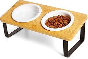 PETLINUS Gamelle Chat Surélevée et Inclinée Double - Gamelle Chat Céramique avec Support en Bois Incliné à 15º- Gamelle Chiot, Gamelle Chien Petit ou Bol Chat, Mangeoirs et Abreuvoirs - Bambou