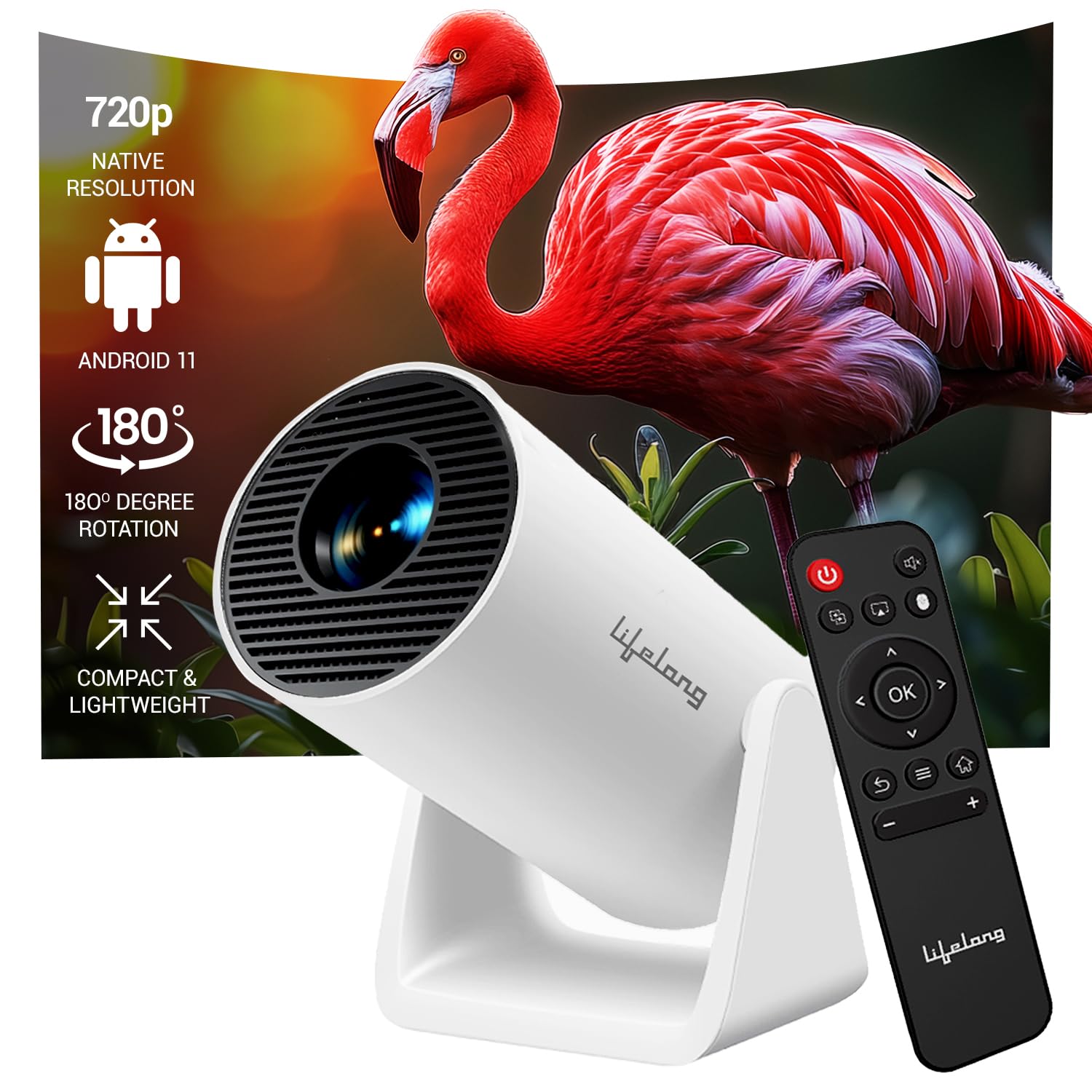 Lifelong LightBeam Plus Smart Projector for Home, Native 720p with 4K Support, 4500 Lumens, Android 11, Apps (Netflix, Prime,