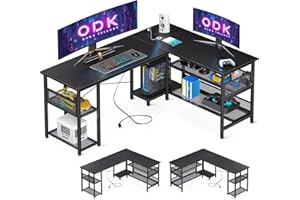 ODK Gaming Schreibtisch L-Form mit Reversibler Anordnung, Schreibtisch mit Großer Stauraum, Eckschreibtisch Schwarz mit 2 Steckdosen und 2 USB Ladeanschluss, 150×102cm