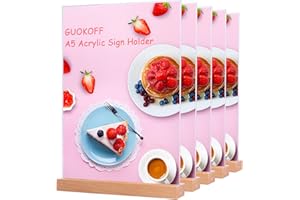 GUOKOFF Présentoirs de Table A5, 5 Pièces Présentoirs pour Menu, Support pour Menu, Base en Bois, A5 Porte Menu, Porte Affiche Double Face