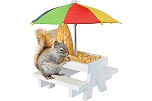 Yorkmills Squirrel Feeder for Outside Wooden Chipmunk Bench Feeder Picnic Table with Colorful Umbrella and Corn Rack Cob Holder, New Premium Gift for Squirrel and Chipmunk Lovers