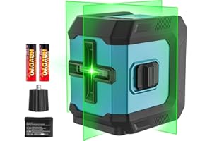 PONOSEU Green Laser Level Self Leveling Cross Line, 4 Brightness Adjustment, IP54 Waterproof, Manual/Self Leveling Mode, 2 x AA Batteries, Carrying Bag Included, for Construction and Picture Hanging.