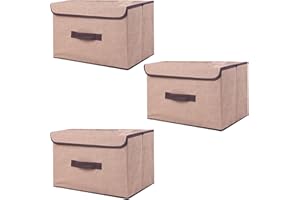 EURXLQ 3 Składane pudełko do przechowywania z pokrywką Składany pojemnik do z lnianej tkaniny z klapką i uchwytami, koc na ubrania do Domu, Szafa (Beżowy, 36×23×24 cm)