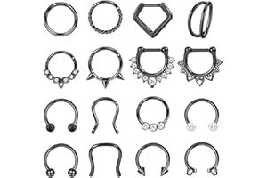 Adramata 16Pcs Piercing Septum Acier Chirurgical Nez Anneaux Hoop Hoop CZ Lèvre Cartilage Helix Tragus Boucles D'oreilles Septum Clicker Piercing Bijoux, 16G, 8MM