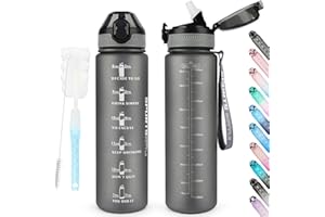 AOHAN Bouteille d'eau de 1 L sans BPA avec paille, passe au lave-vaisselle, couvercle anti-fuite, bouteille d'eau motivante avec marquages de temps, non toxique (Gris Mat)